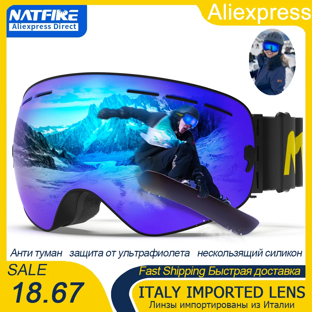 Ski Goggles Pro 100% UV400 Protection Anti Fog Interchangeable Lens Skiing Glasses Snowboard Snow Goggles for Men Women Natfire 