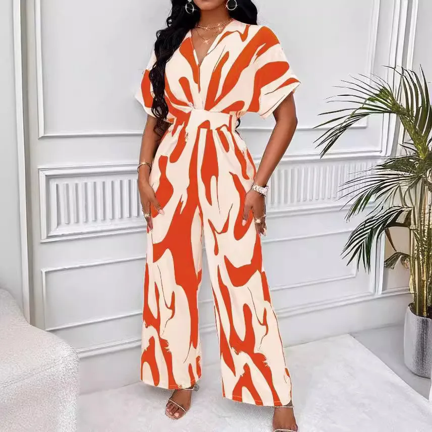 Женский слитный комбинезон элегантный с коротким рукавом и V-образным вырезом