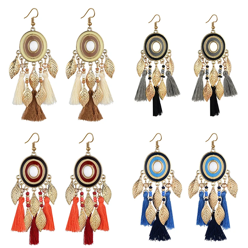 

Vintage Ethnic Long Tassels Earrings For Women Boho Gold Color Leaf Drop Exaggerated Dangle Earring Female Party Jewelry
