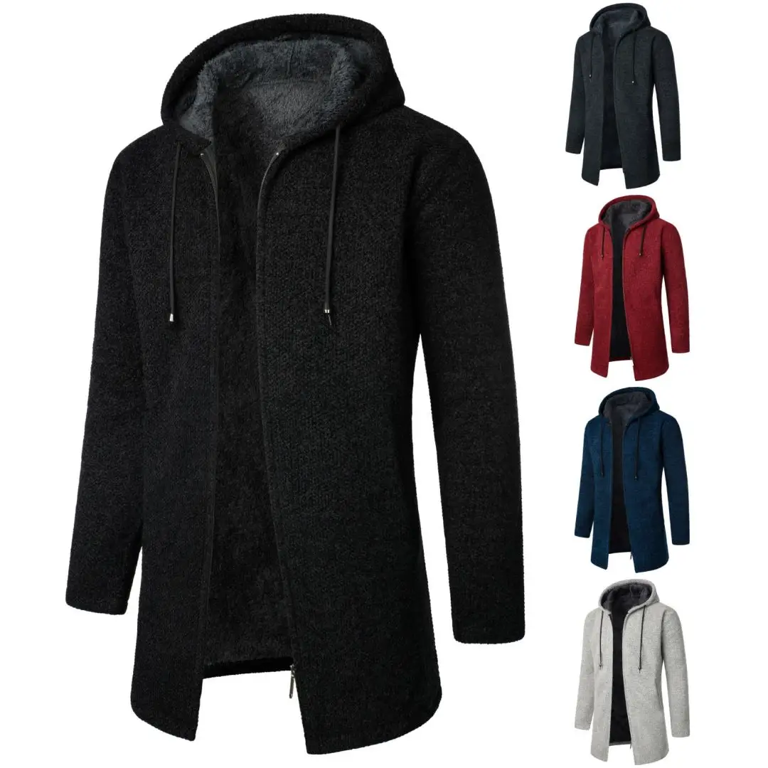 Autumn and Winter Women's Men's Long Hooded Fleece Knitted Baseball Jacket Extra Long Knitted Sweater Coat