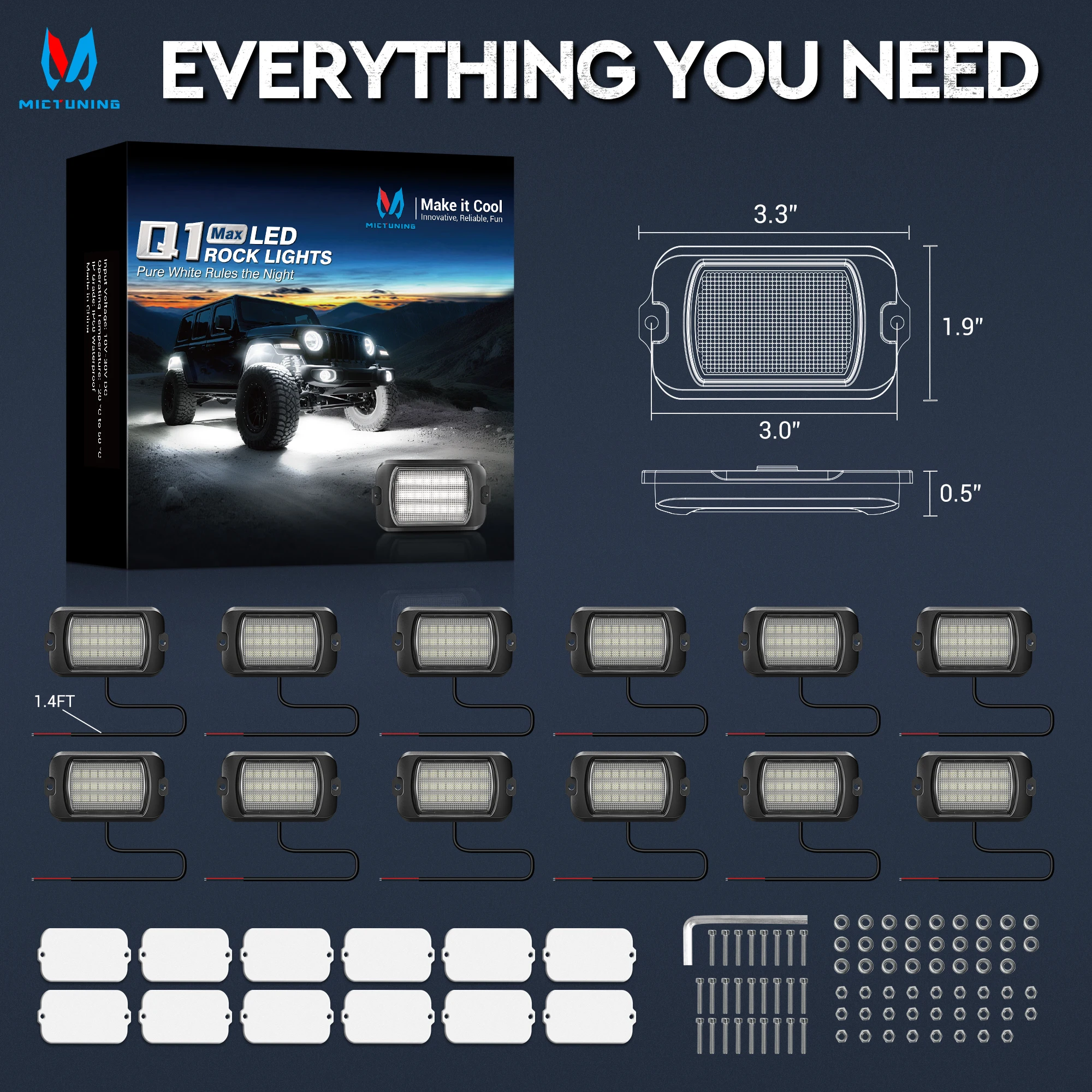 Фото MICTUNING 12 стручков Q1 MAX White Rock Lights, подсветка 12 В/24 В, совместимые с автомобилем, грузовиком, внедорожной лодкой, водонепроницаемостью IP68 №1