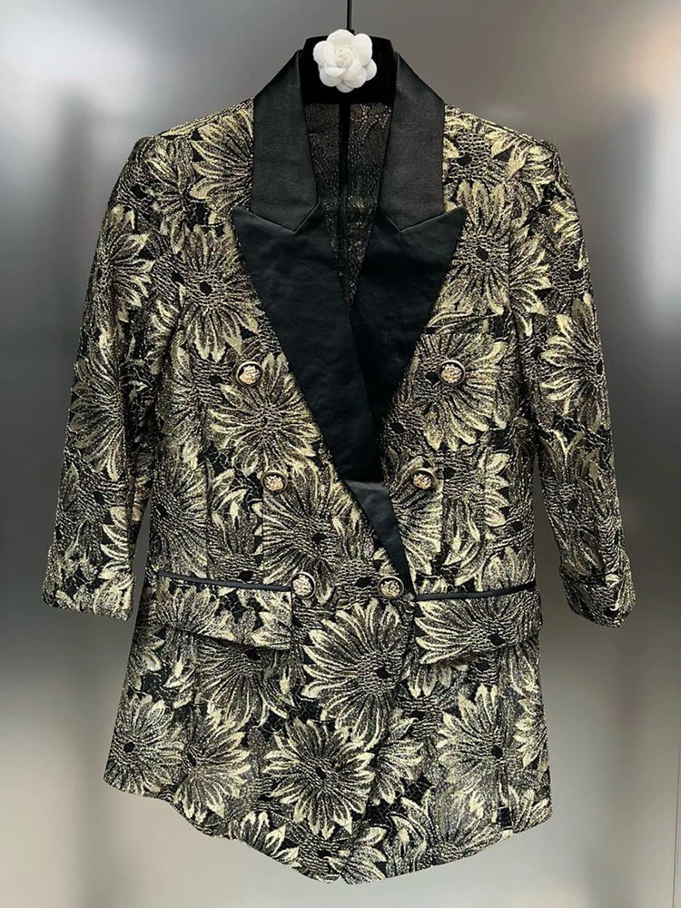 

Autumn Lapel Long Sleeve Gold Thread Flower Double Breasted Slim Fit Woman Temperament Blazer 2022 New Fashion Tide