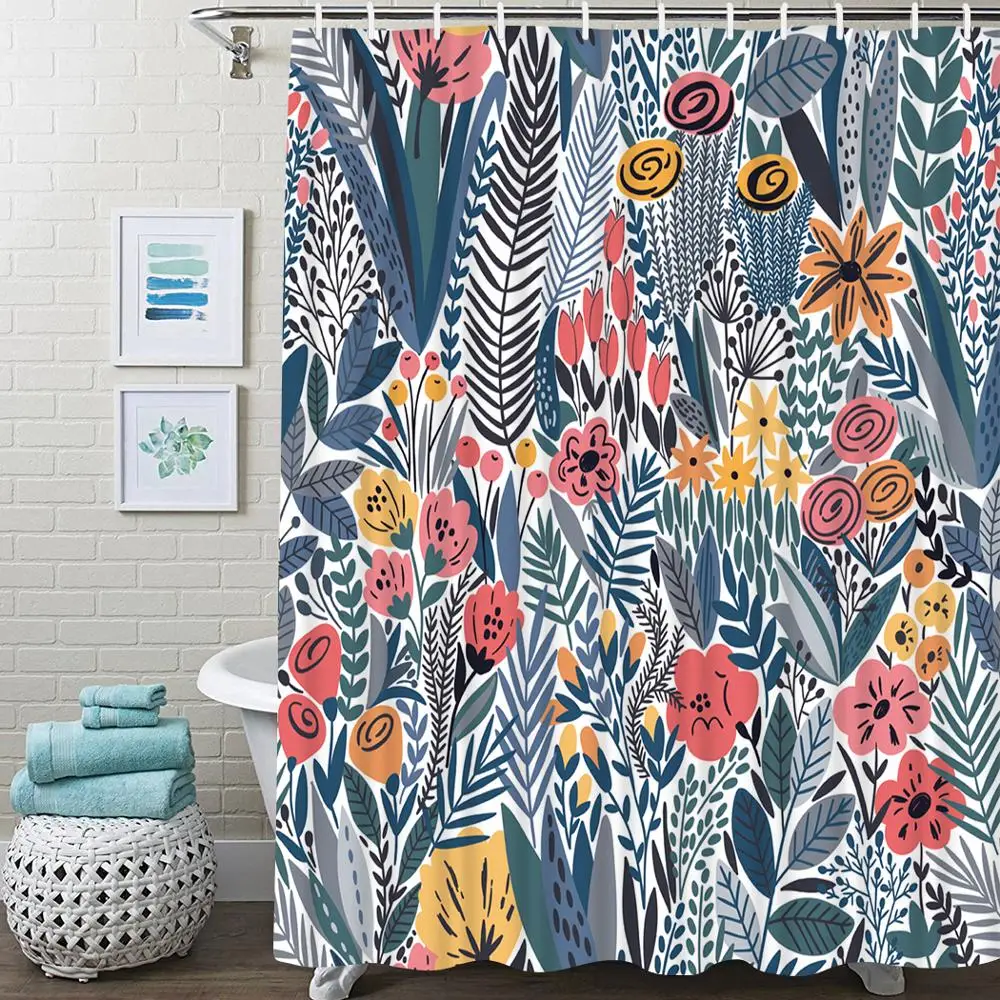 

Tropical Green Plant Leaves Shower Curtain Retro Cartoon Flower Bathroom Curtains Waterproof Polyester Home Decor Bathtub Screen