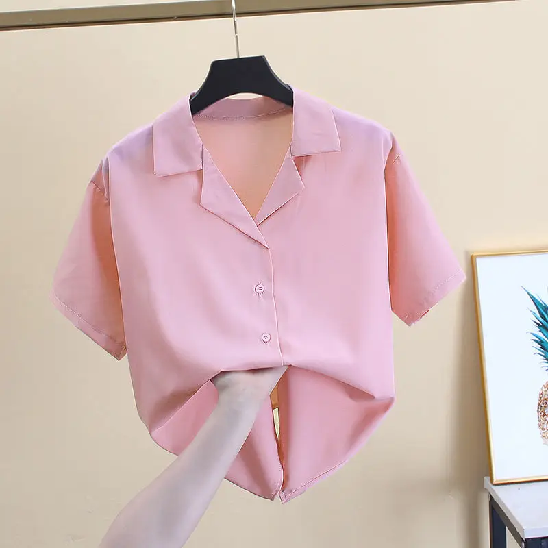 

Женская летняя Новинка 2022, Модные свободные рубашки с коротким рукавом, Женские однотонные рубашки с отложным воротником, женские шифоновы...