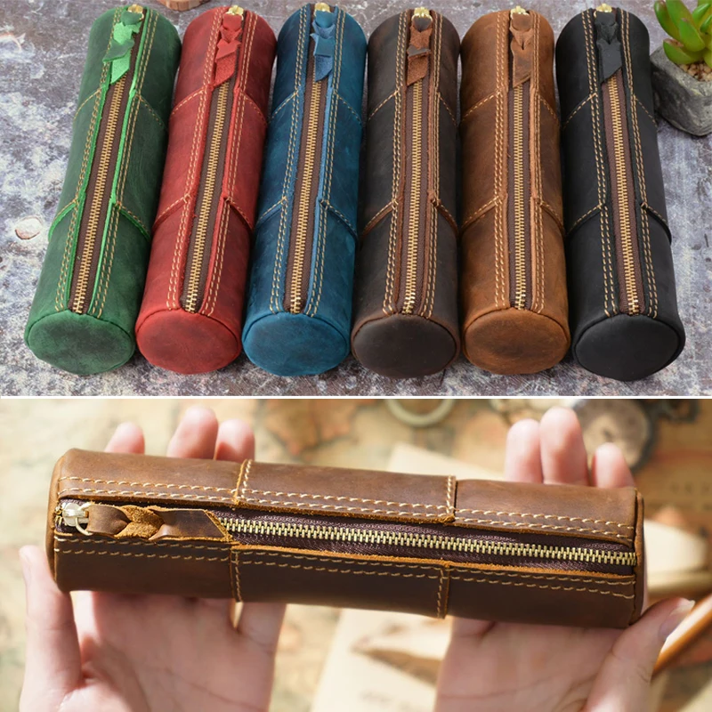 

Handmade Cowhide Pencilcase Cylindrical Pen Pouch 100% Genuine Leather Pencil Case Zipper Writing Materials Stationery Holder