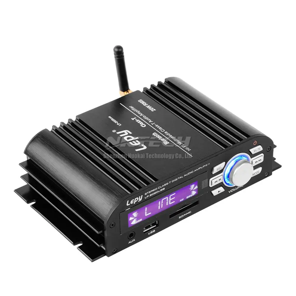 Усилитель Lepy LP-2020 USB для автомобиля с Bluetooth 4.0, цифровым проигрывателем Class-T, 2x 20W RMS HIFI стерео звуком, мультимедийной поддержкой SD AUX EQ on для дома.