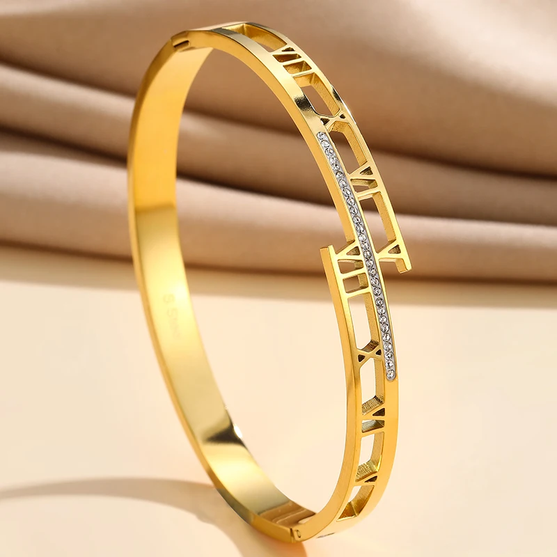 

Freeshipping Stainless Steel Bangle Brand Roman Numerals Wristband With Crystal