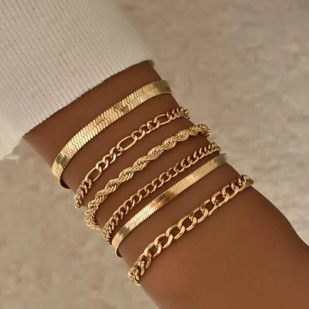

Geometric Boho Gold Color Multistyle Punk Snake Chain Rope Chain Combination Bracelet Summer Multilevel Beach Handmade Jewelry