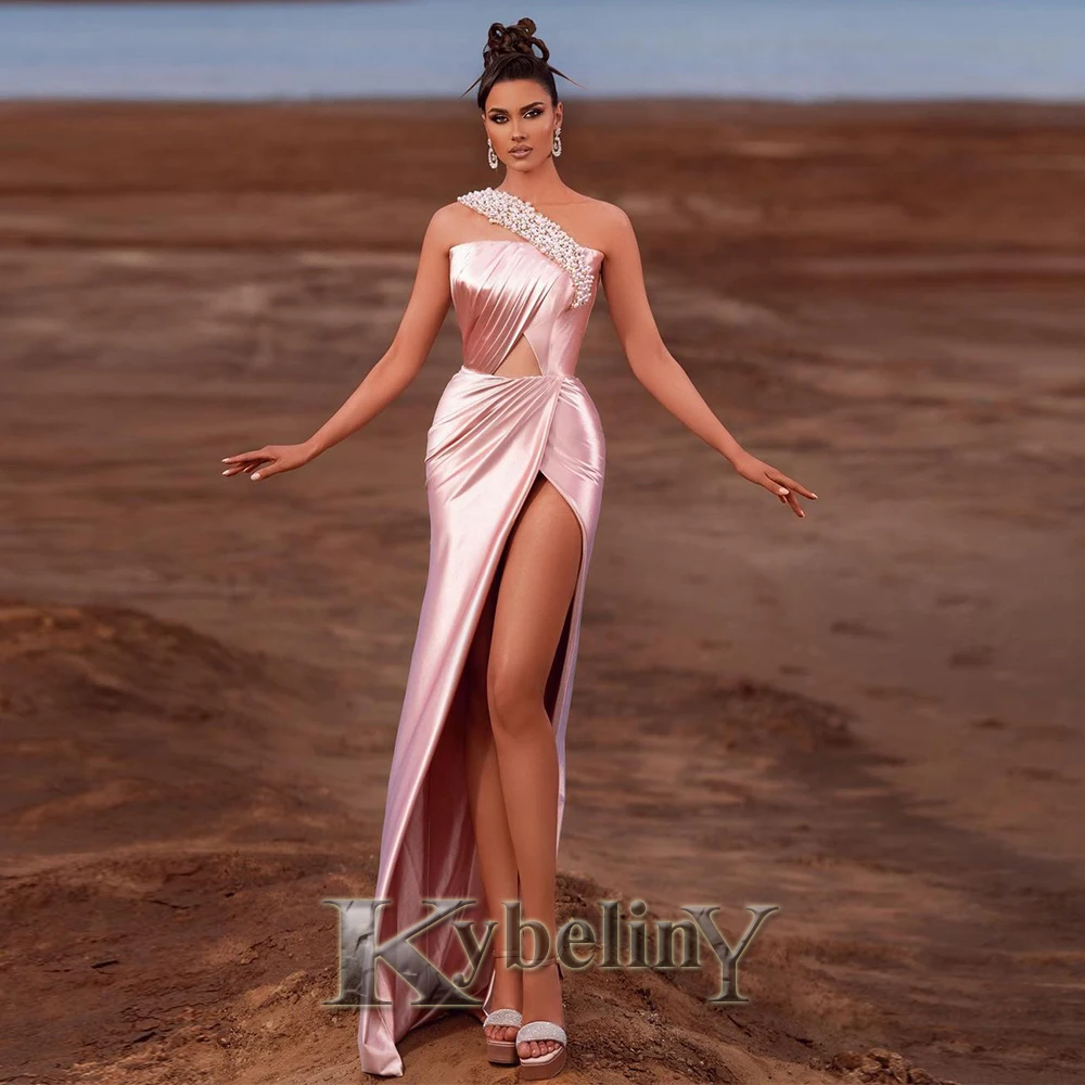 

Kybeliny Charming Satin Prom Dress For Women 2024 One Shoulder Slit Pearls Evening Gowns Vestidos De Fiesta Party Custom Made
