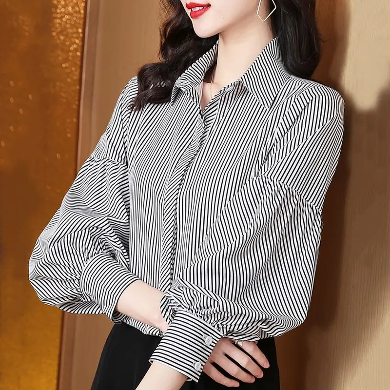 Striped chiffon shirt Women's Spring and Autumn 2023 new fashion top temperament long-sleeved shirt