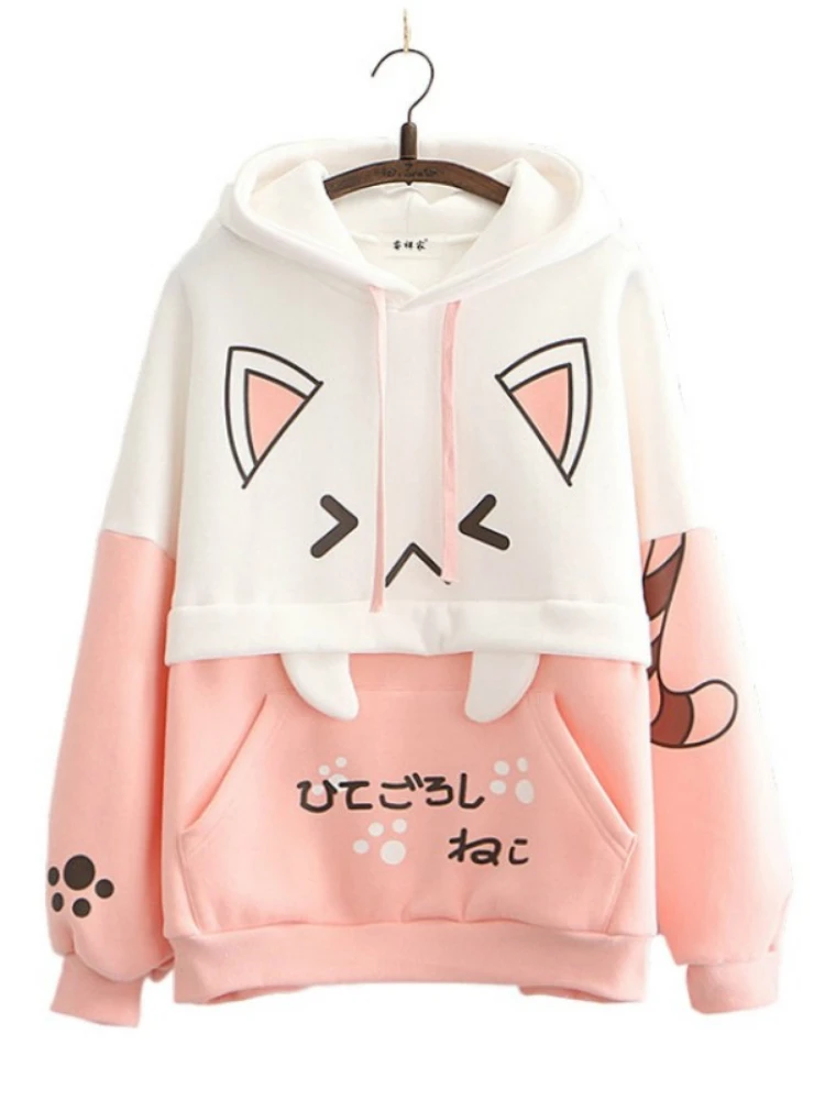Harajuku Pink Hoodies Cartoon Cat Printed Hooded Sweet Sweatshirt Women 2022 Winter Thick Warm Female Cute Kawaii Tops Tracksuit