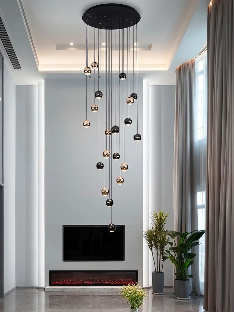 

Modern Led Living Room Pendant Light Black Gold Glossy Ball Crystal Light Luxury Duplex Penthouse Home Decoration Light Fixture