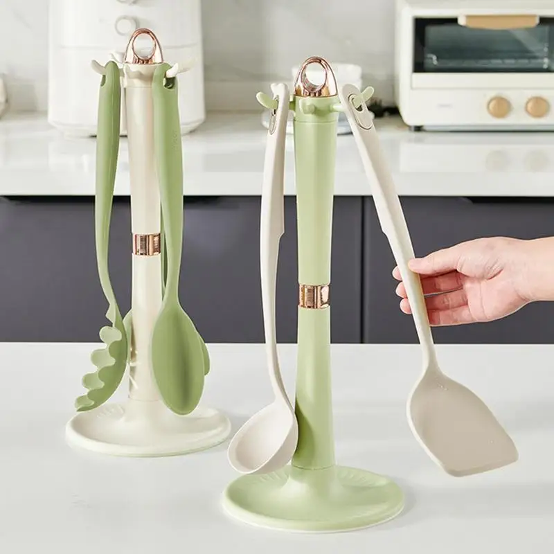 

Kitchen Utensil Holder Heavy Duty Anti Slip Countertop Storage For Soup Rotating Organizer With 6 Hooks Ladle Spatula Spoon