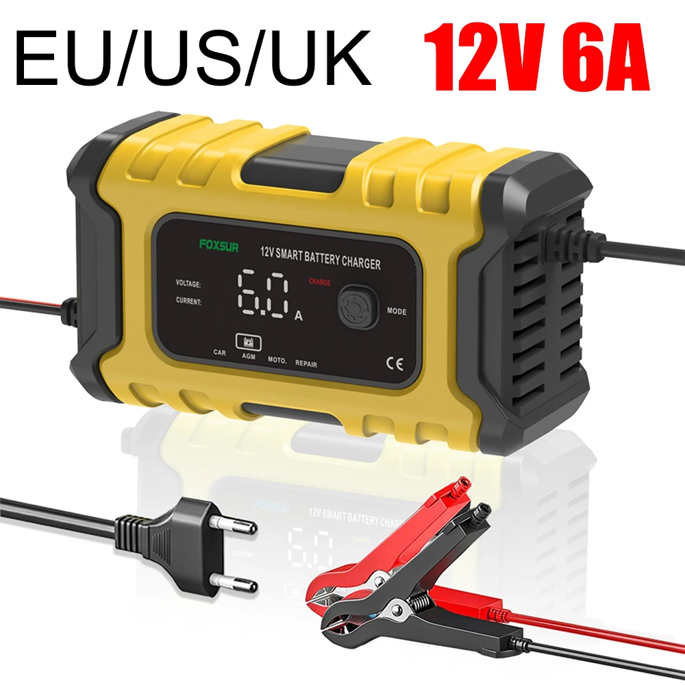 

6A 12V Digital Auto Moto Battery Charger For Calcium Battery Gel AGM Wet Battery Lead-acid Battery Repair Charger EU/US/UK Plug