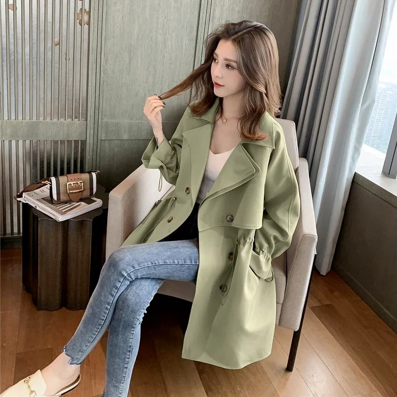 

Classic Style Long Trench Women England Solid Color Double Breasted Lapel Thin Coats Autumn Winter Loose Casual Commute Outwears
