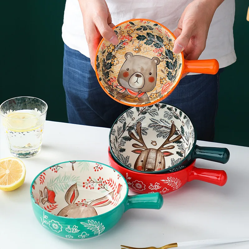

Керамическая миска с одной ручкой, большая миска для лапши с изображением леса и животного, креативная домашняя чаша для ресторана, цветочное украшение для дома