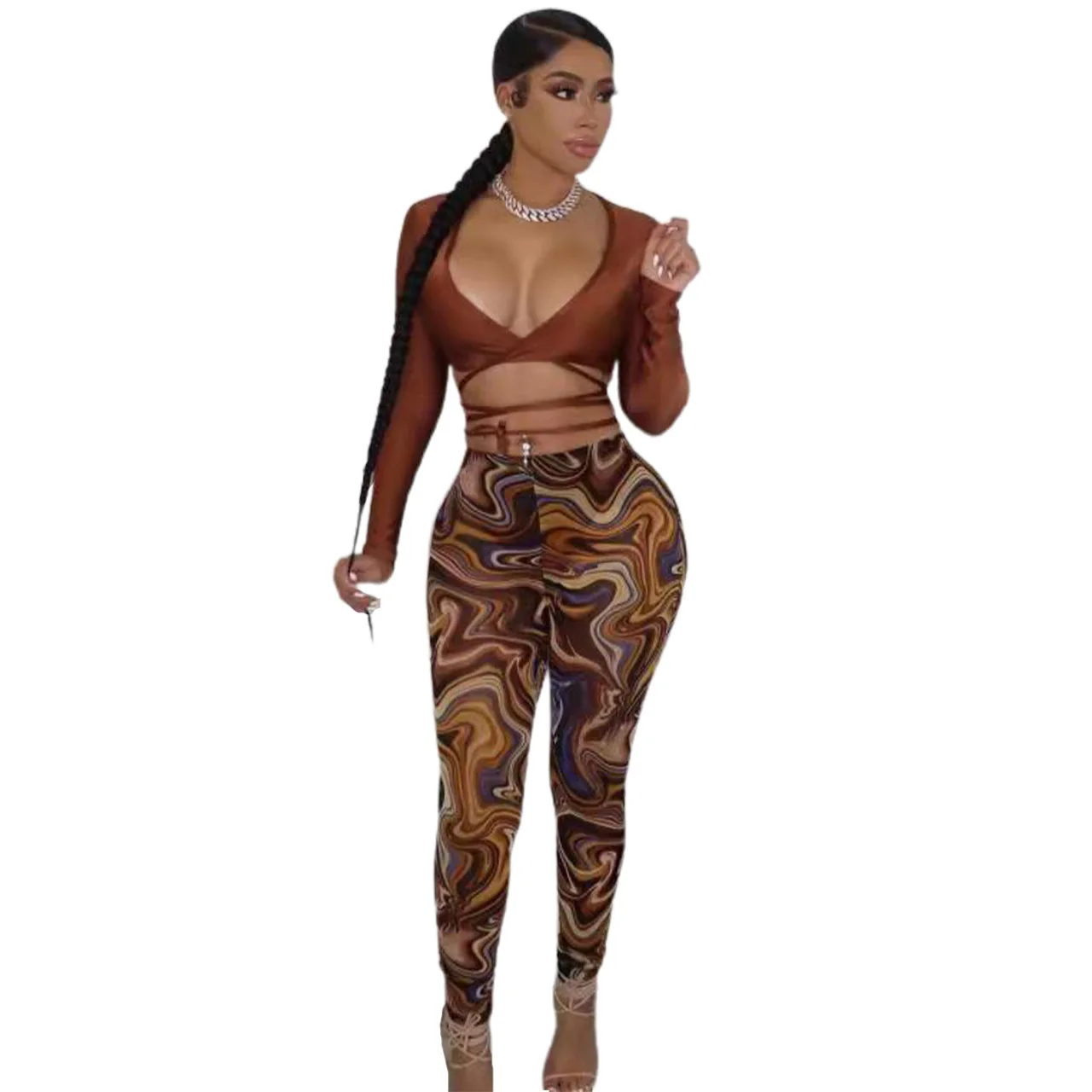 

2022 New Digital Print Full Sleeve V Neck Women Tops With Pencil Pants Women Sets