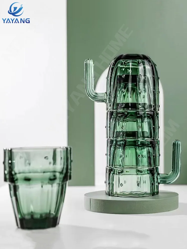 

Cactus Glasses Juice Mugs 6PCS/Set Glass Cup Set Green Stained Glass Juice Coffee Mug Stacking Tea Water Cups Home Tumbler Cup