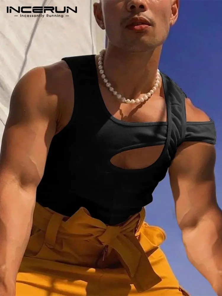 

2021 Men Irregular Tank Tops Solid Color Sleeveless Streetwear Hollow Out Casual Vests Breathable Sexy Men Clothing INCERUN 7