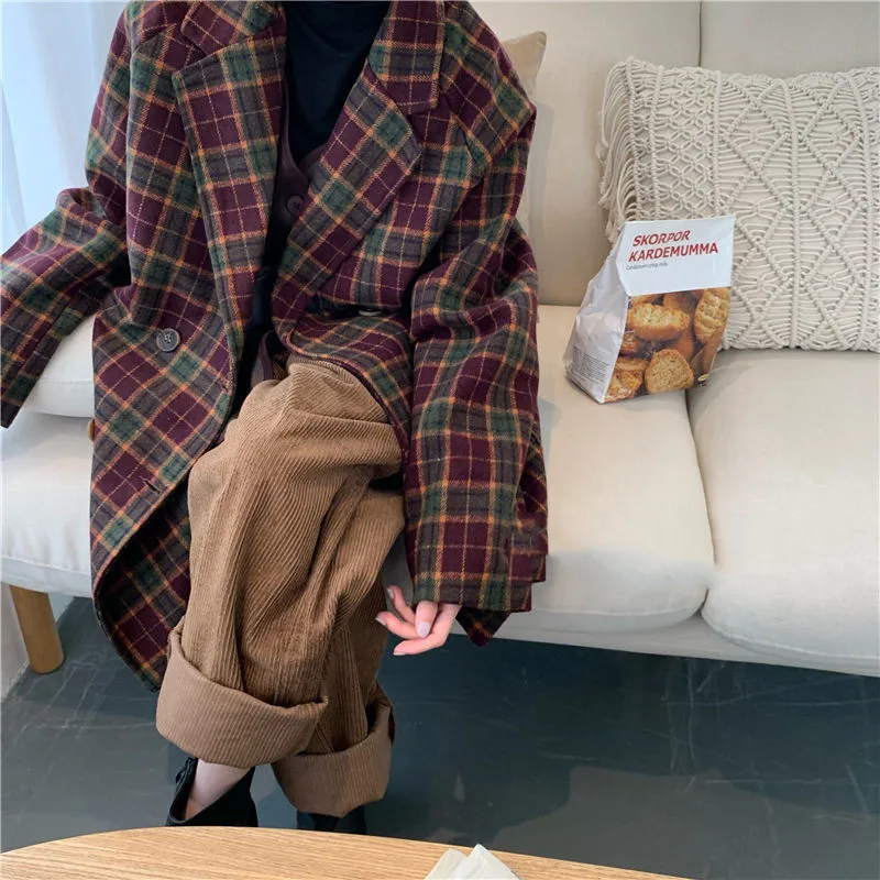 2023 Autumn and Winter Korean Retro Plaid Thick Woolen Suit Jacket Women's Mid-length Casual Loose Long-sleeved Women's Clothing