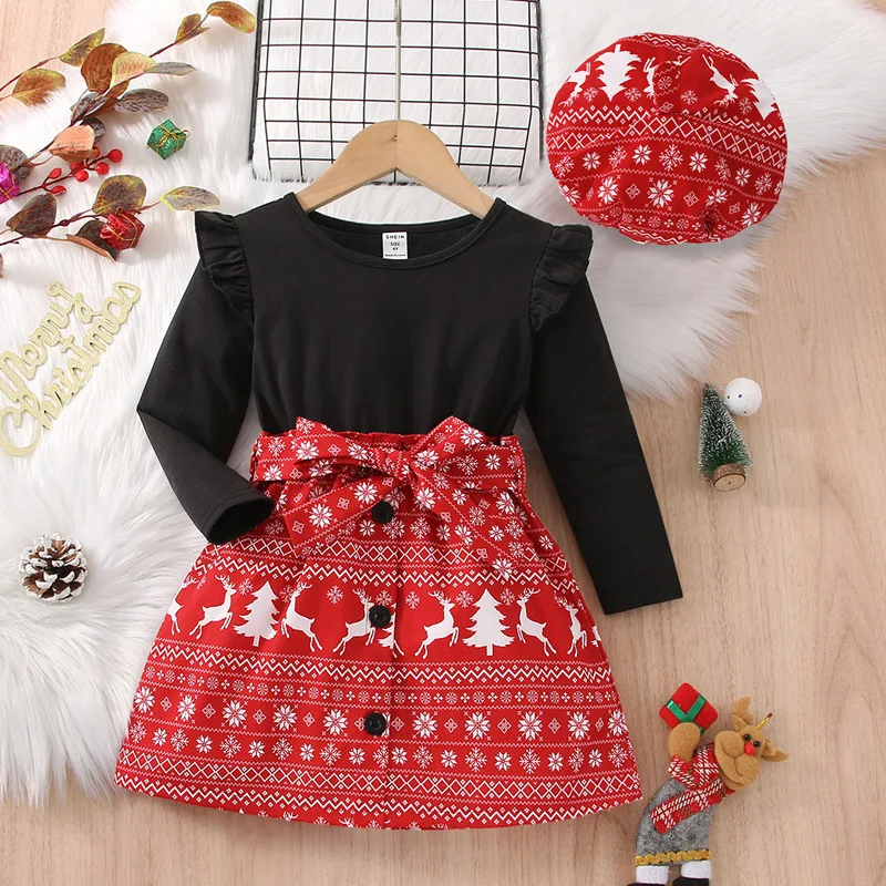 

Laura Kors Winter New Arrivals Girls Dress Long Sleeve Patchwork Christmas Style Red Cute Sweet Baby Dress Vestidos 18M-6T