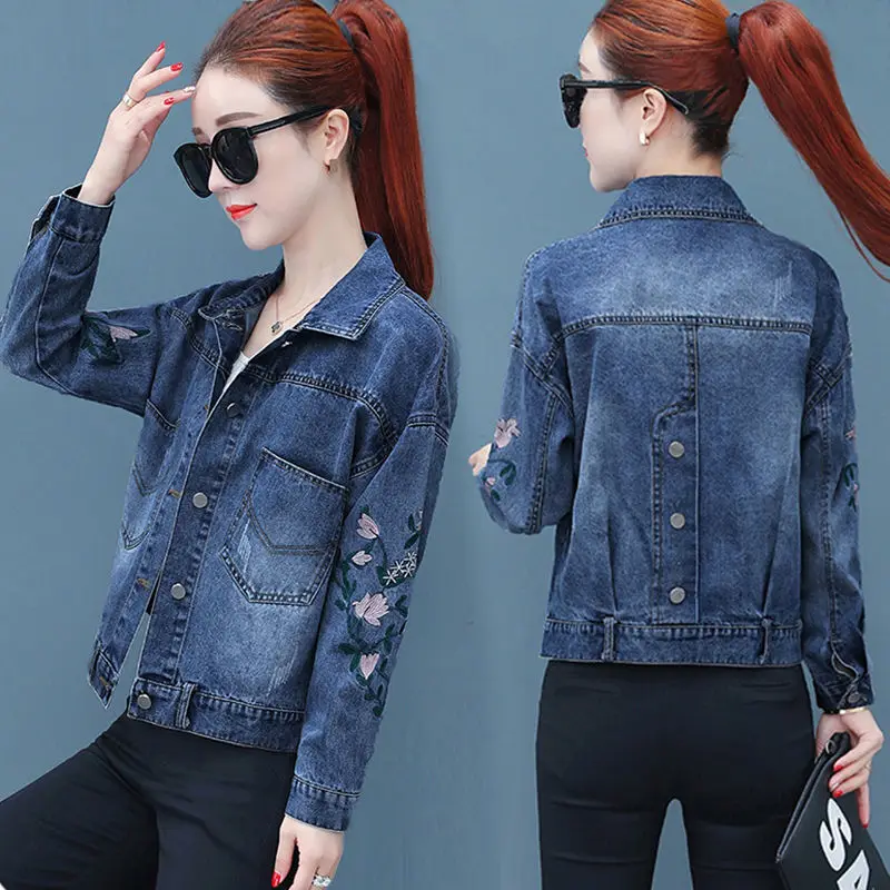 

Куртка женская джинсовая базовая, модная однотонная Повседневная Верхняя одежда из денима с длинным рукавом, A452, весна-осень