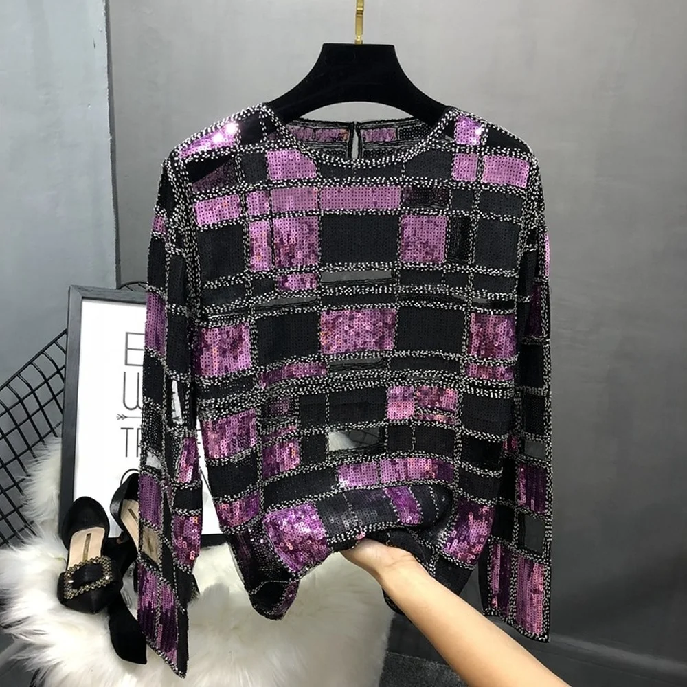 

European Station Heavy Industry Plaid Women's Sequin Embroidery Mesh Round Neck Long-sleeved Gauze Mesh Bottoming Shirt