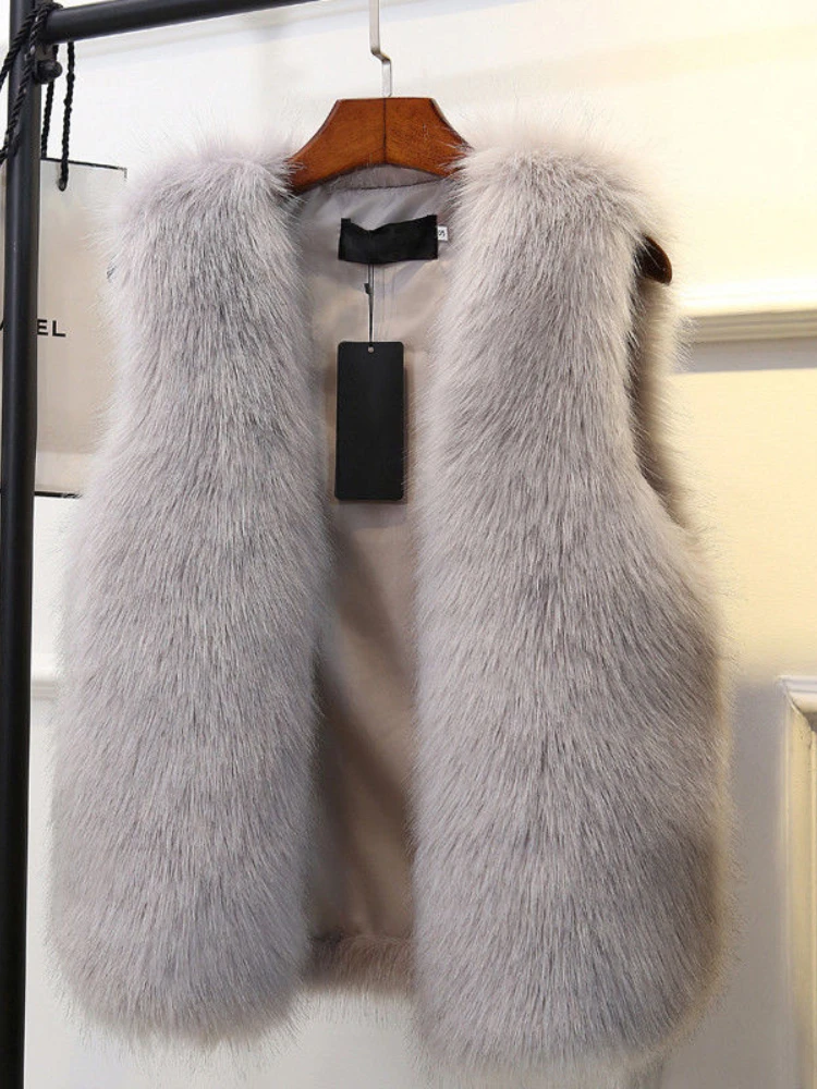 Women Fur Vest  Autumn Winter Imitation Fox Fur Coat Female Street Casual Sleeveless Warm Artificial Fox Fur Jacket Outerwear