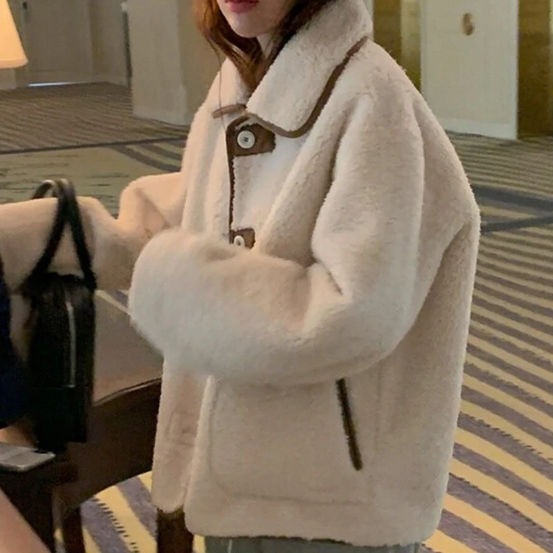 Fluffy Thicken Coat Female Korean Fashion Loose Lamb Fur Woman Turn Down Collar Long Sleeve Coats Women Single-breasted Top