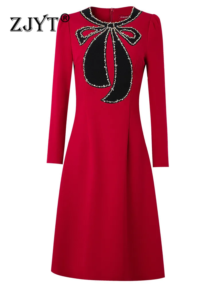 

ZJYT Designer Luxury Beading Wedding Party Dress Red Women 2022 Elegant Autumn Clothes Long Sleeve Aline Vestidos 4XL 5XL Robe