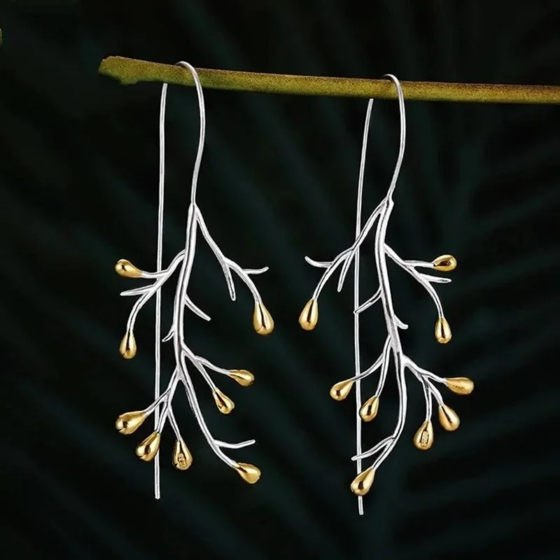 

1Pair Retro Two-tone Branch Earring Trend Vintage Silver Color Long Hook Earrings For Women Wedding Engagement Party Jewelry
