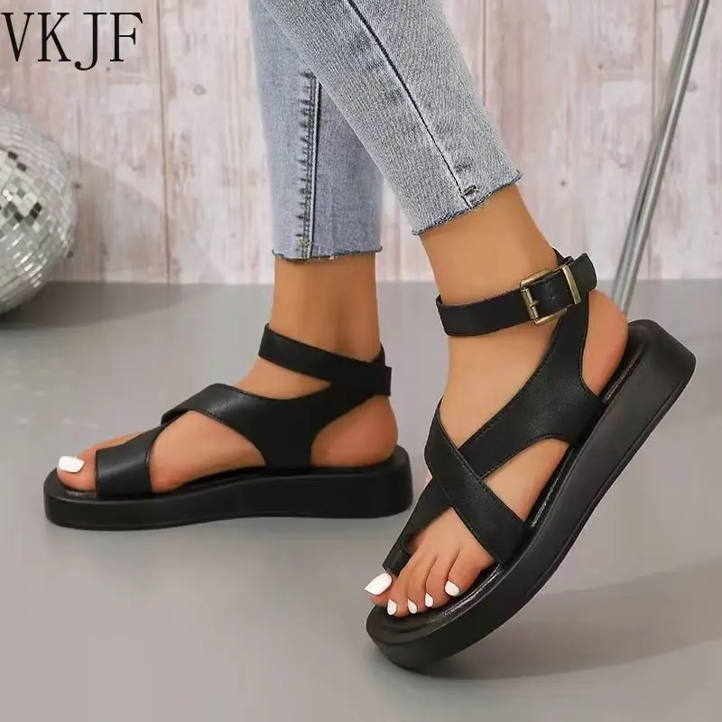 

Fashion Women Sandals Simple Solid Color PU Leather Roman Sandalias Mujer 2023 Summer Thick Bottom Flip Flop Sandals for Women