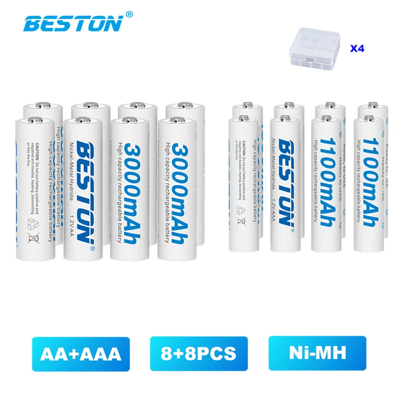 

Beston 8 PCS 3000mAh 1.2V AA Rechargeable Batteries+8PCS1100mAh 1.2V AAA Battery NI-MH AA AAA Rechargeable Battery for Camera