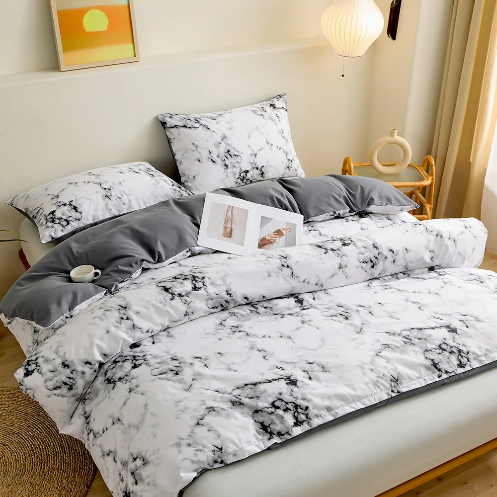 

Home bedding set White marble pattern duvet cover pillowase, FR king US twin UK queen AU single size (no bed sheet)