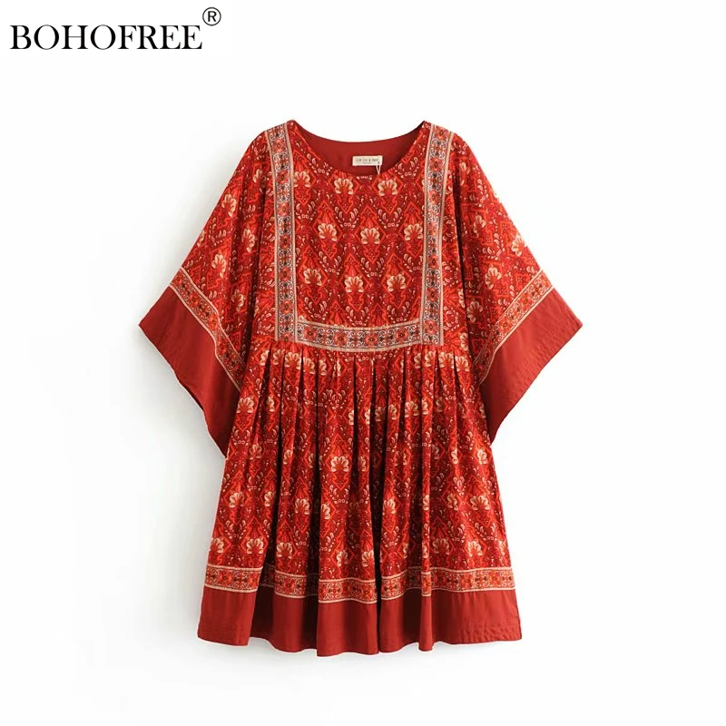 

Boho Rayon Cotton Tunic Dresses Pullover Short Sleeve Floral Print Dress Women Boho Vestidos Vintage Ethnic Style Vestidos