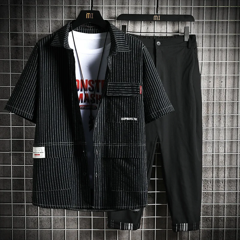 

Men's suit2021Summer New Hong Kong Style Loose Large Size Striped Short Sleeve Workwear Shirt Cropped Pants Two-Piece Suit for M