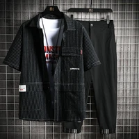 mens suit2021summer new hong kong style loose large size striped short sleeve workwear shirt cropped pants two piece suit for m