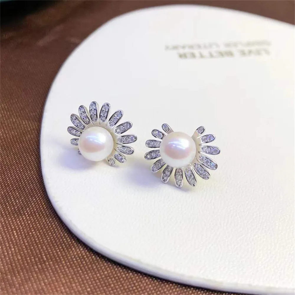 

DIY pearl earrings accessories S925 sterling silver jewelry sunflower concealer earrings empty holder Fit 6-8mm beads