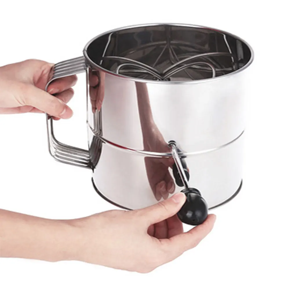

Baking Sugar Shaker Strainer Pastry Large Capacity Kitchen Flour Sifter Hand Crank Fine Mesh Screen 8 Cups Sieve Stainless Steel