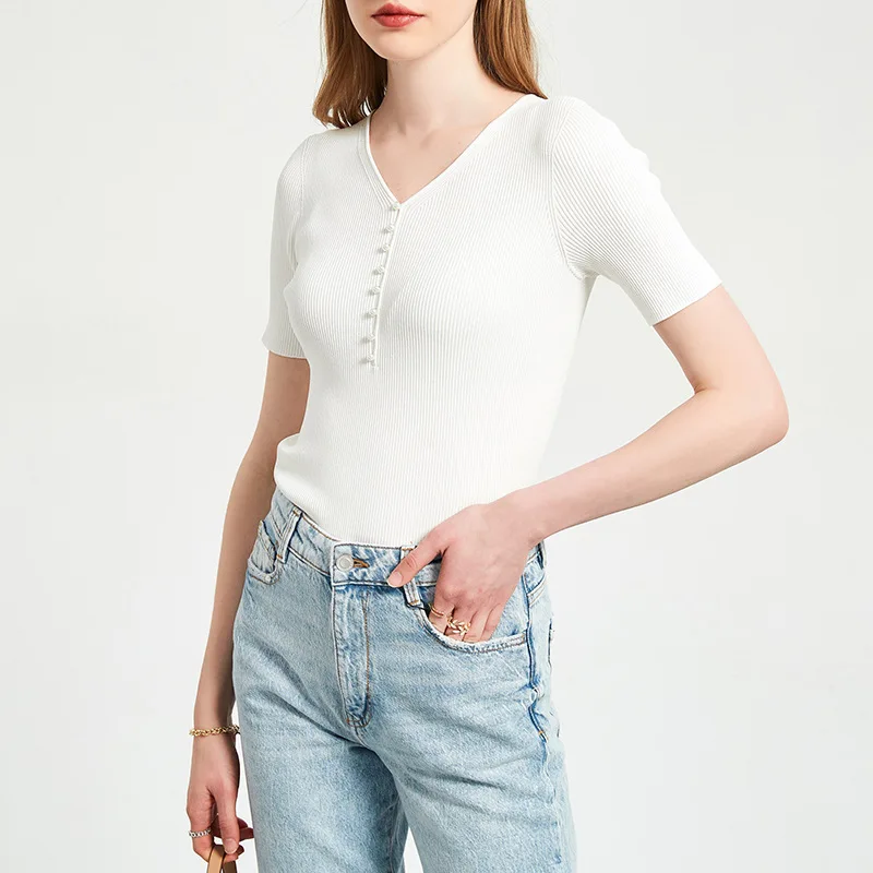 Женский универсальный топ с коротким рукавом, однотонный модный топ с V-образным вырезом, Новинка лета 2022