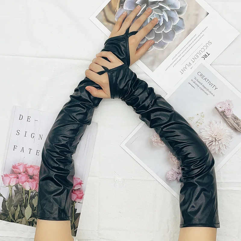 Женские длинные перчатки TG-33, пикантные, без пальцев, из лакированной искусственной кожи, женские открытые перчатки для свадьбы, конкурса, выпускного клуба, вечеринки