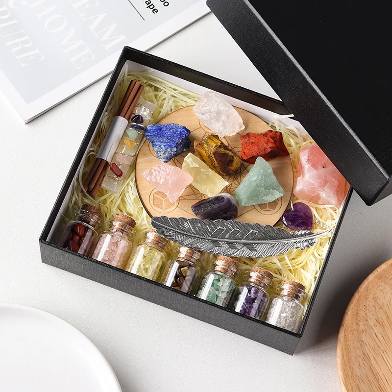 

Natural Chakra Crystal Gravel Drifting Bottle Reiki Energy Powder Crystal Incense Insert Amethyst Love Bookmark Gift Box Set