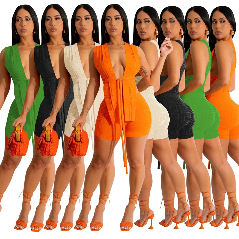 

Solid Jacquard Summer Two Piece Set Women Outfits Sexy V Neck Lace Up Tank Tops and Shorts Fashion Tracksuits Beach Suit