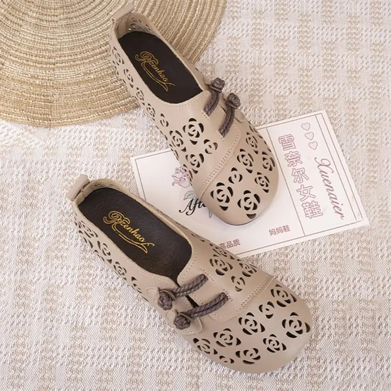 elegant flat shoes women's summer cutout loafers ladies leather moccasins woman slip ons mother green flats shoes free shipping