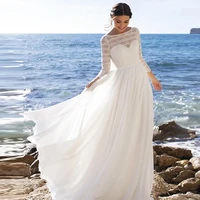 elegant wedding dress chiffon scoop neck appliques lace long sleeve cut out beach simple gown 2022 robe de mariee for women