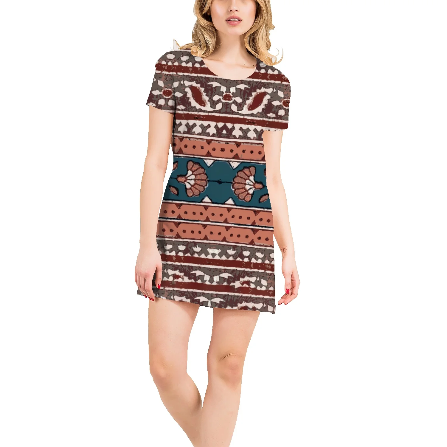 

Ретро-платье-футболка в этническом стиле с рисунком Мандала раньше короткий рукав свободная прямая трапециевидная юбка средней длины Топ