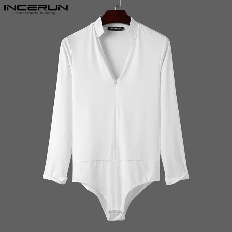 

Fashion Men Bodysuit Long Sleeve V Neck Sexy Streetwear Men Romper Solid Color Casual Fitness 2022 Pajamas Bodysuits INCERUN