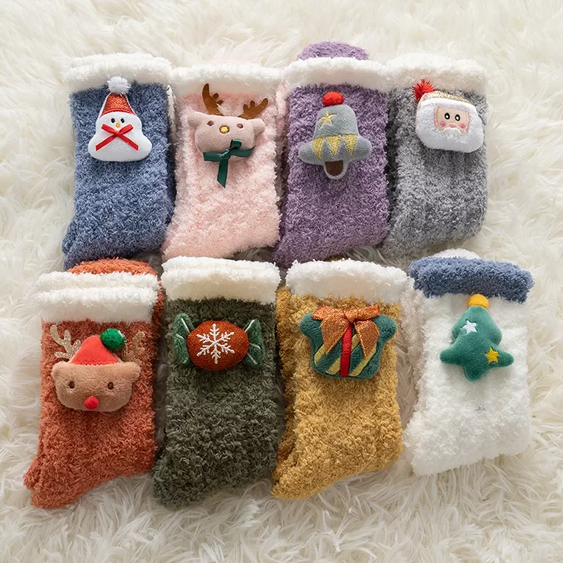 Fleece Women Socks Christmas Elk Bear Candy Gift Winter Thickening Cute Mid-tube Sock Ladies Home Bed Floor Slipper Sox