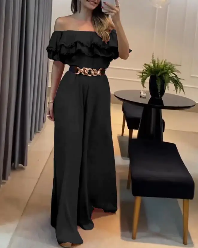 

2023 Woman Long Jumpsuits Elegant Short Sleeve Off Shoulder Ruffle Hem Wide Leg Jumpsuit Ew Fashion Casual One Pieces