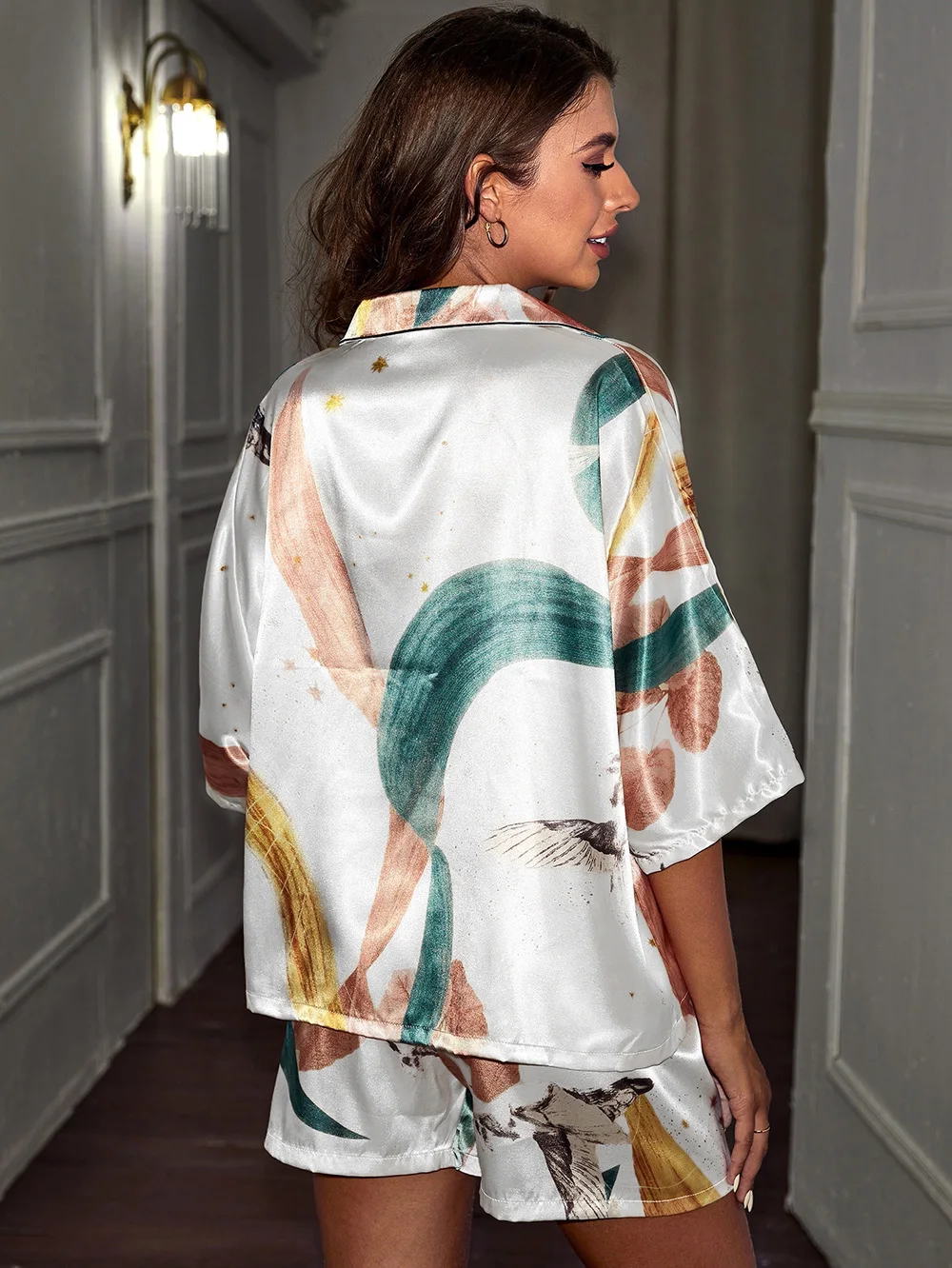 Pajamas for Women Shorts Set Short Sleeve Sleepwear Button Down Satin 2 Piece Floral Print Leisure Loose Homewear Loungewear